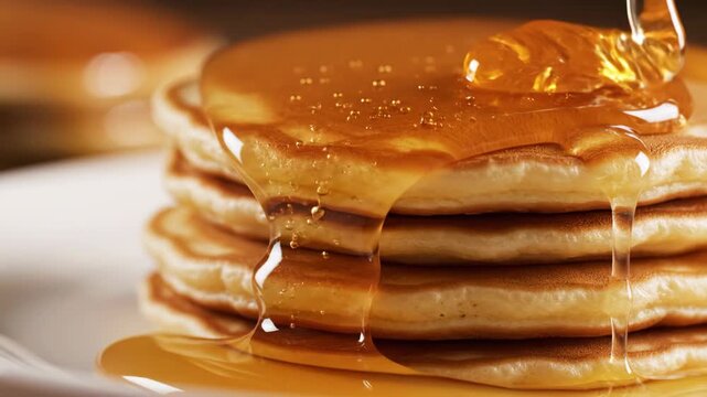 Delicious Stack of Pancakes Drizzled with Golden Syrup Close Up.