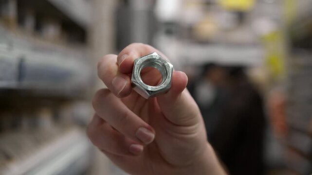 Hand holds shiny hex nut in hardware fasteners aisle. Fingers pinch metal washer near shelves and blurred background. Close up