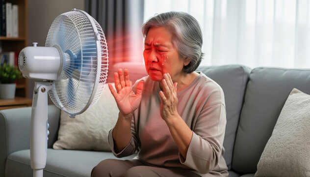 Cooling Comfort: A senior woman finds respite from the sweltering heat as she sits near an electric fan, experiencing the cooling breeze against her flushed face.