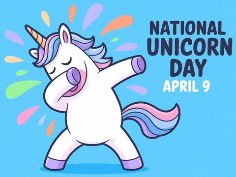 A cartoon unicorn dancing on national unicorn day on april 9th with colorful confetti