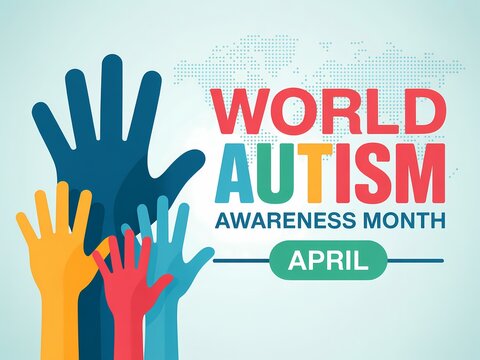 World autism awareness month illustration with colorful hands and text on light blue background