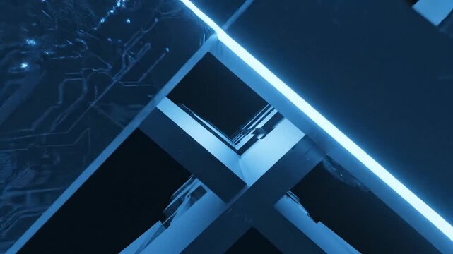 Abstract 3D rendering of glowing blue geometric rectangles arranged diagonally on a dark background. Neon light strips illuminate the edges of the slabs in a futuristic digital environment.