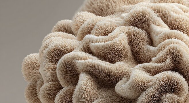 Close-up of beige, textured, brain-like organism, with intricate folds