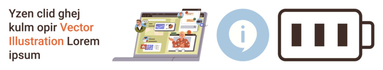 Technology, digital communication, energy management, information sharing, online learning, workplace concepts. Laptop screen with graphics, information symbol battery icon. Technology and energy © robu_s