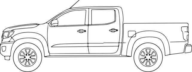 Vector pickup truck, side view, line drawing, illustration, automotive design © Sabit