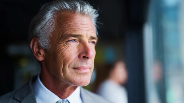 A Thoughtful Mature Man with Silver Hair Looking Out the Window, Reflecting on Life and Experiences, Capturing a Moment of Contemplation and Wisdom
