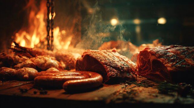 Sizzling Steaks  Sausages Grilling Over Open Fire with Rustic BBQ Feast.