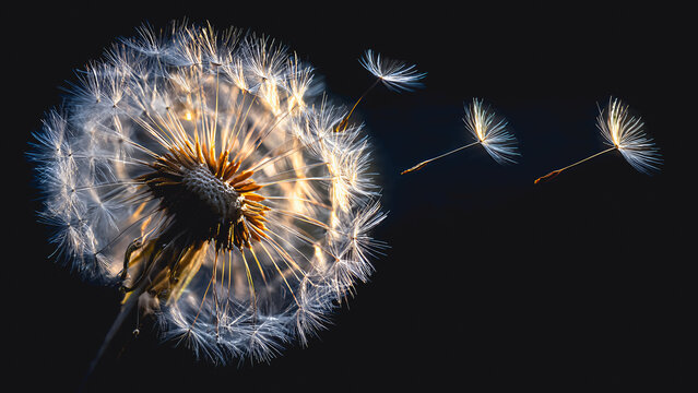 A macro shot of a mature dandelion seed head illuminated by soft morning sunlight, the individual pappus filaments glowing like halos with the partially released seeds mid-flight.