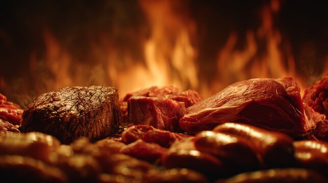 Sizzling Steaks  Sausages on Grill with Fiery Flames Background.
