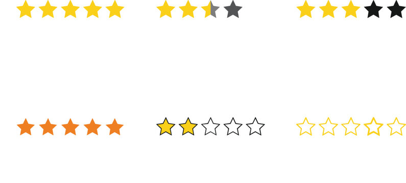 Star Rating Icons Set with Five Star Review System, Customer Feedback Rating Stars, and Review Score Vector Collection