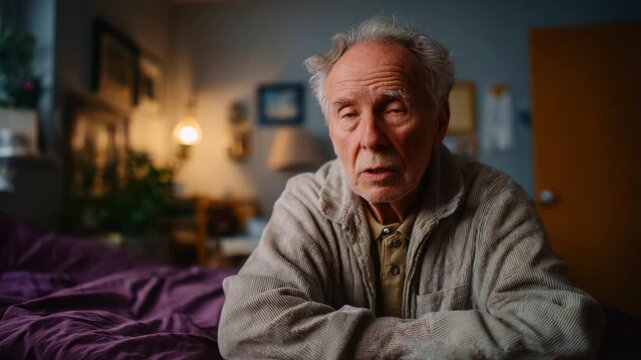 An elderly man sits thoughtfully in a cozy, softly-lit room, embodying wisdom and experience as he gazes contemplatively at the viewer, evoking deep emotions.