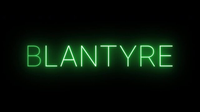 Flickering neon green glowing blantyre sign animated on black background