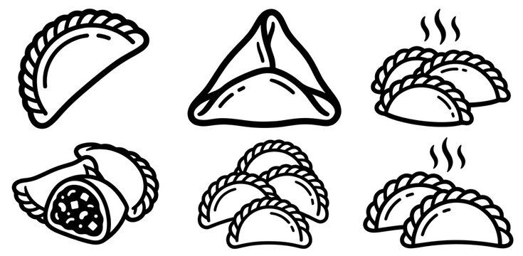 Delicious traditional empanadas vector line art set. Stuffed meat pastry, baked dough, hot snack, cut open pie, and cooking illustration outline isolated on white background.