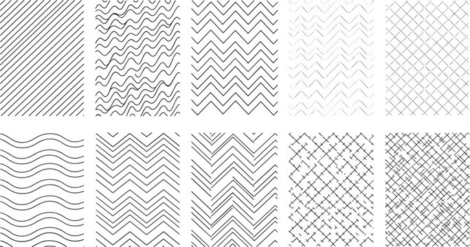 Seamless Line Pattern Collection with Wavy Lines, Zigzag Patterns, Diagonal Lines, and Geometric Line Textures Vector Set