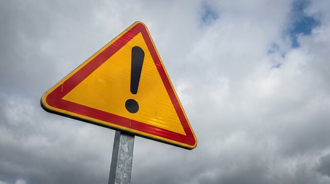 Yellow triangular warning sign with a black exclamation mark and red border against a cloudy sky caution danger attention alert symbol traffic safety road notice imperative