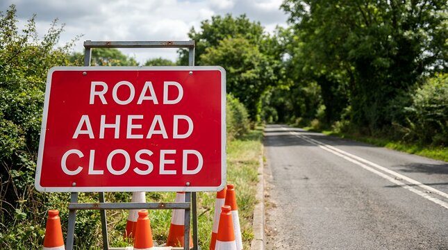 Red rectangular sign displaying ROAD AHEAD CLOSED in white lettering accompanied by traffic cones along an empty country road lined with trees road closed traffic sign detour