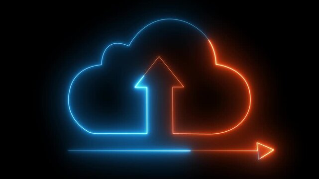 Glowing neon line Cloud file upload with loading bar icon animation on black background. Data storage icon concept 4k .