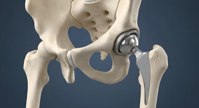 人工股関節置換術を示す骨盤と大腿骨の解剖学的モデル、整形外科教育と医療研究に適したデジタルレンダリング