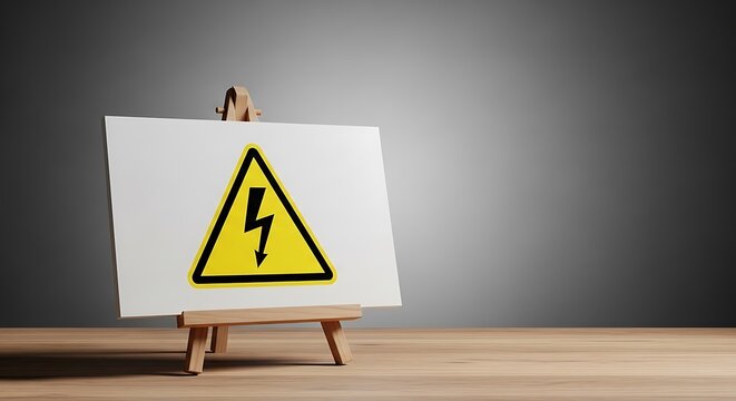 Warning Sign Icon Symbolizing Danger and Electricity with Lightning Bolt on White Board on Easel