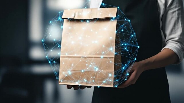 Digital Delivery: A close-up shot presents a paper bag, cradled by hands, encompassed by a network of luminous digital connections.