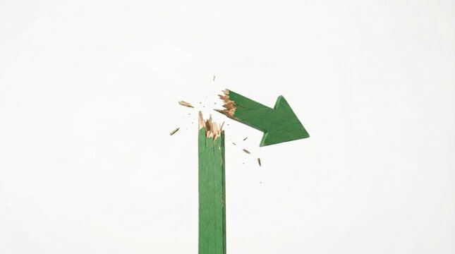 Green arrow broken wood signpost with splinters flying, isolated on white background, symbolizing change, disruption, or redirection in minimal style