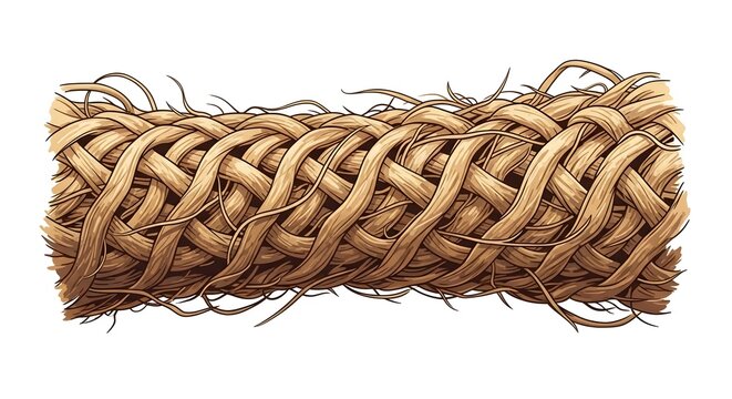 Close up of a woven natural fiber rope with frayed ends.