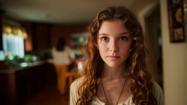 Introspective Young Girl in a Cozy Kitchen Setting with Family Presence in the Background, Captured in Natural Light During an Intimate Moment of Reflection.