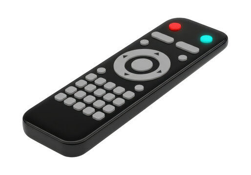 3d icon of a black television remote control with buttons and lights, isolated on transparent background
