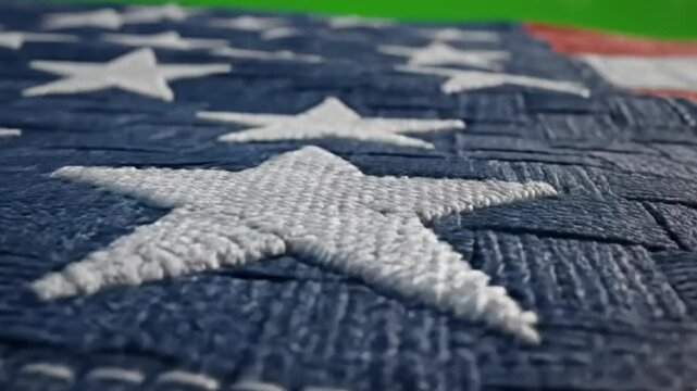 Macro American Flag Texture Scanning Across Woven Stars and Stripes on Green Screen - Patriotic Background