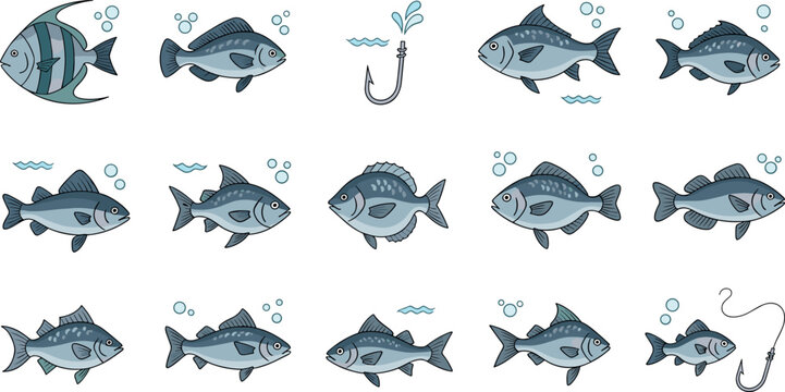 Fish species vector set with freshwater and ocean fish hook aquatic animals detailed illustration collection