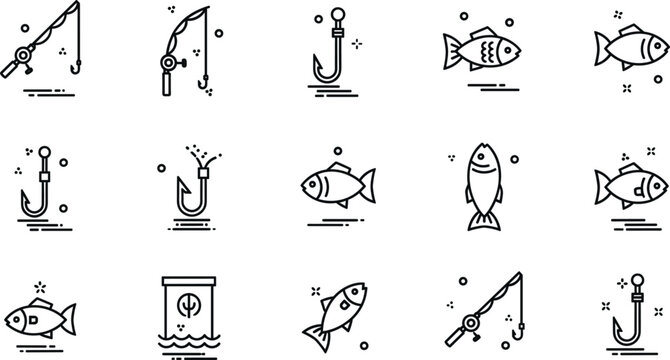 Fishing line icon vector set with rod hook fish bait and angling equipment simple outline collection