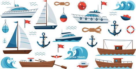 Marine transport vector set with boats yachts sailboats anchors ropes waves and nautical travel elements illustration collection © Imran
