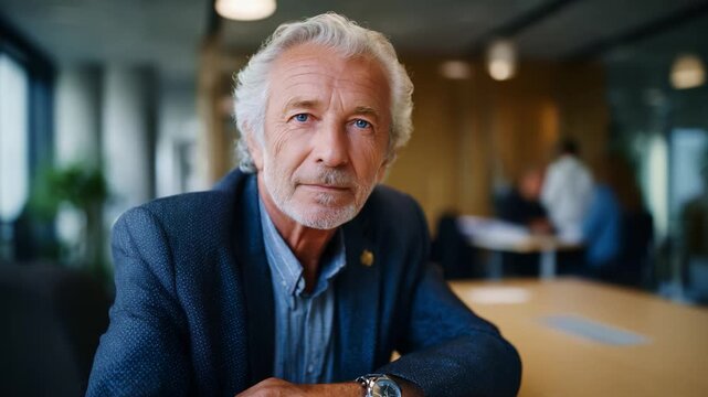 A thoughtful older man with gray hair and blue eyes is seated at a table, exuding wisdom and experience in a modern, well-lit office environment.