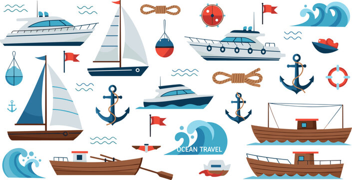 Marine transport vector set with boats yachts sailboats anchors ropes waves and nautical travel elements illustration collection