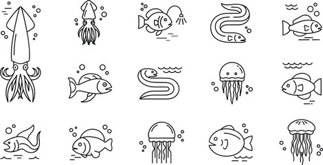 Marine life line icon vector set with fish squid eel jellyfish and underwater ocean animals outline collection © Imran