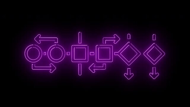 Neon-lit flowchart diagram with glowing purple arrows and shapes on a black background.