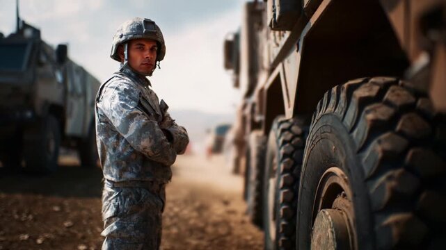 A vigilant soldier stands beside armored military vehicles, showcasing readiness and determination amidst a dusty landscape during a crucial operation.