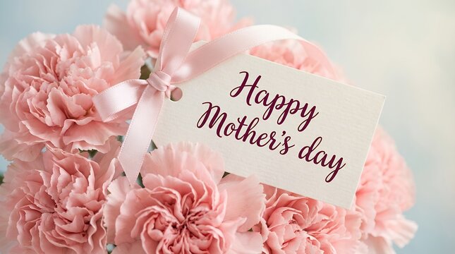 A bouquet of soft pink carnations tied with a delicate pink ribbon featuring a card wishing Happy Mother's Day in elegant script mothers day flowers gift celebration sentiment