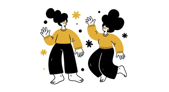 Two joyful women dancing together in a lively and expressive manner.