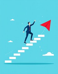 Obraz premium Cartoon businessman climbing stairs with paper airplane, blue background. Success concept