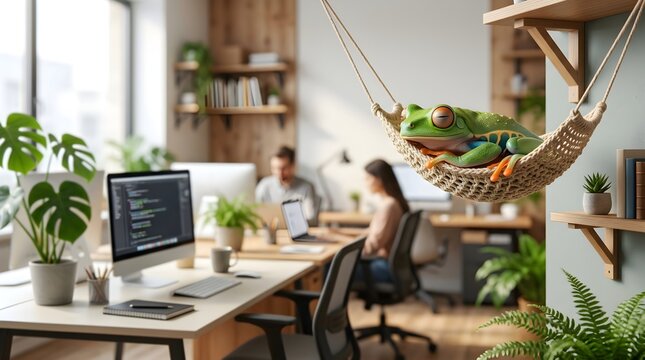 Workplace Wellness. A green tree frog sleeping in a miniature hammock inside a modern office, representing relaxation and stress relief in a professional corporate environment.