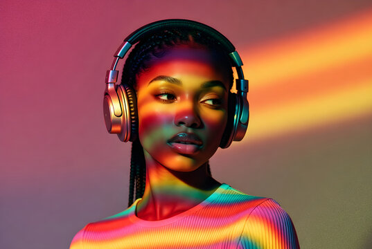 Young woman with braided hair wearing headphones, vivid rainbow light projections on face and clothing, listening to music and enjoying immersive audio experience