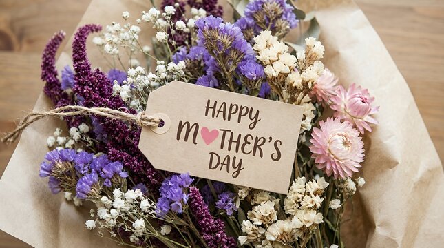 A rustic kraft tag with Happy Mother's Day text hangs from a bouquet of dried flowers including purple statice and pale pink strawflowers on a wooden surface mothers day floral