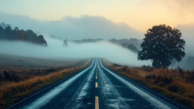 Road receding into fog-filled landscape, lined with trees and autumn grasses at dawn