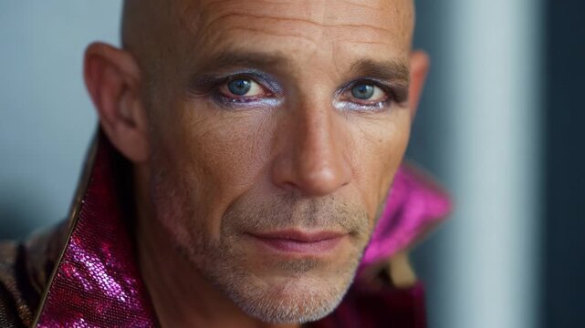 A close-up portrait of a confident individual showcasing dramatic makeup with stunning eye highlights and a vibrant collar, capturing a moment of individuality and expression.