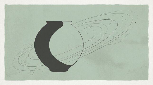minimal abstract background inspired by elegant silhouette of Korean moon jar ceramic blended with subtle cosmic orbit lines, limited celadon and charcoal palette, calm modern composition, high detail