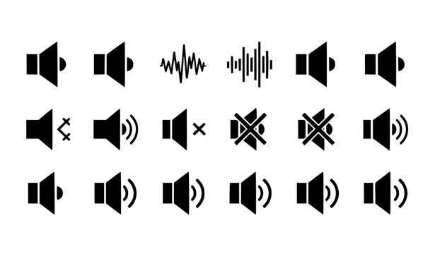A set of black speaker icons and sound wave symbols on a white background