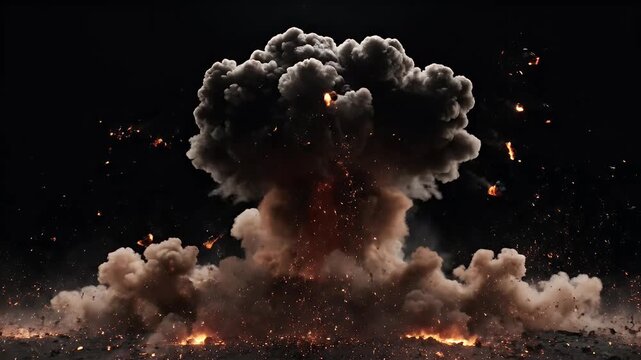 A massive, fiery explosion erupts in the darkness, spewing smoke and debris