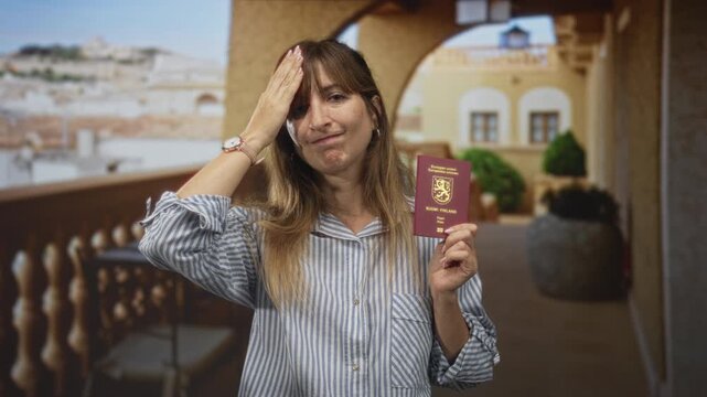 Woman holding passport in one hand and placing palm to forehead on a sunlit building balcony with passport cover visible; travel frustration.