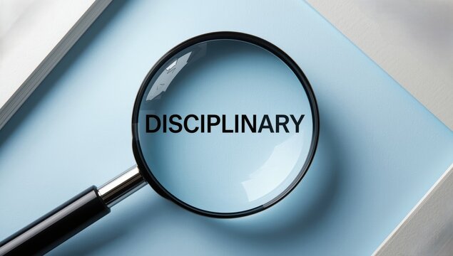 The term DISCIPLINARY seen through a magnifying glass on a plain white page with a blue backdrop
